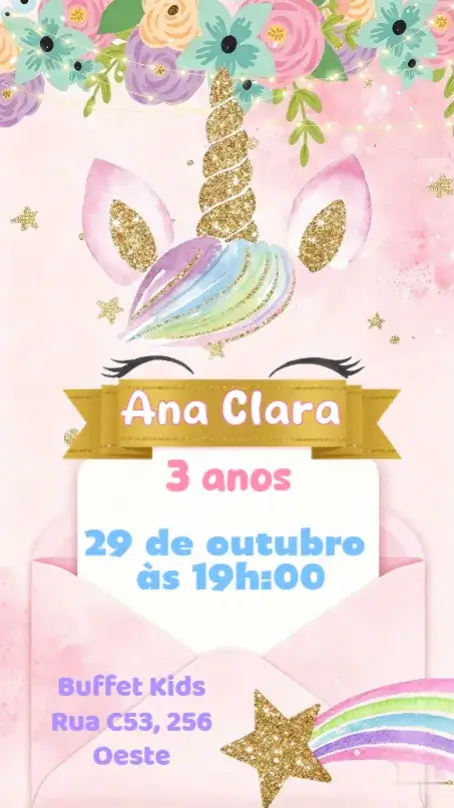 Convite Unicórnio Luxo – tema Aniversário Infantil