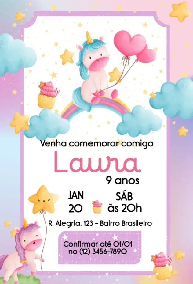 Convite Unicórnio nas nuvens – tema Aniversário Infantil fantasia, lúdico, colorido, mágico, divertido
