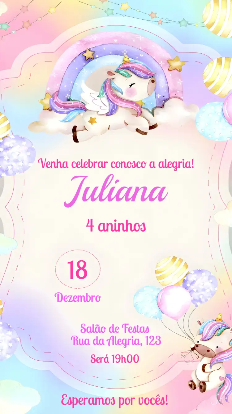 Convite Unicórnio Uncórnio – tema Aniversário Infantil colorido, fantasia, lúdico, mágico, divertido