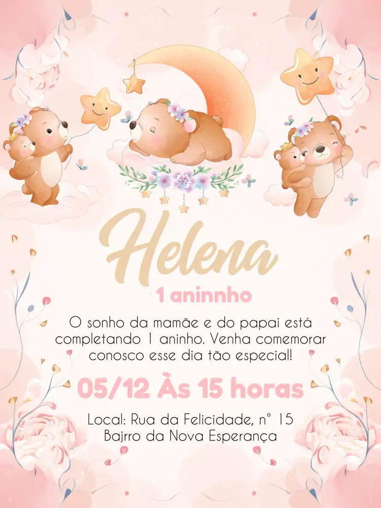 Convite Ursinha Floral Rosa – tema Datas Comemorativas floral, aquarela, infantil, rosa, lilás, delicado