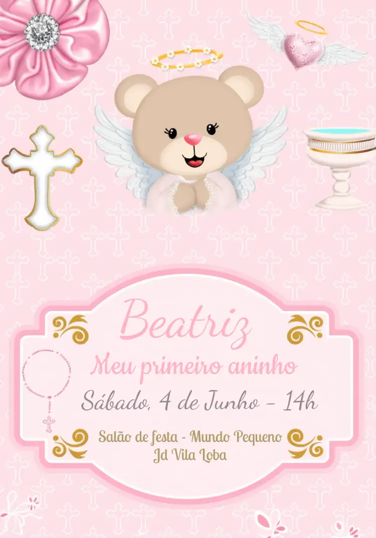Convite Ursinha Princesa 1 – tema Datas Comemorativas pastel, feminino, infantil, lúdico, fofo