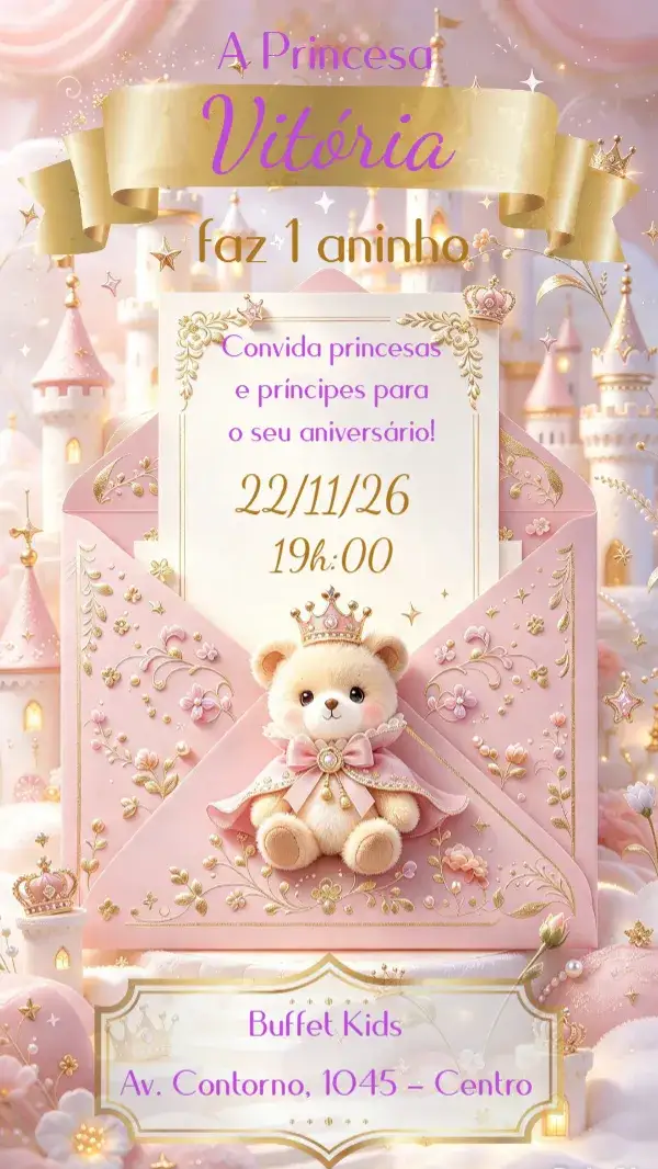 Convite Ursinha Princesa – tema Aniversário Infantil rosa, dourado, fofo, temático, infantil, encantado