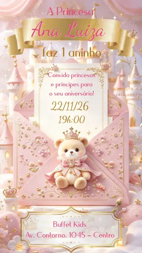 Convite Ursinha Princesa – tema Aniversário Infantil rosa, dourado, princesa, fofo, infantil, mágico