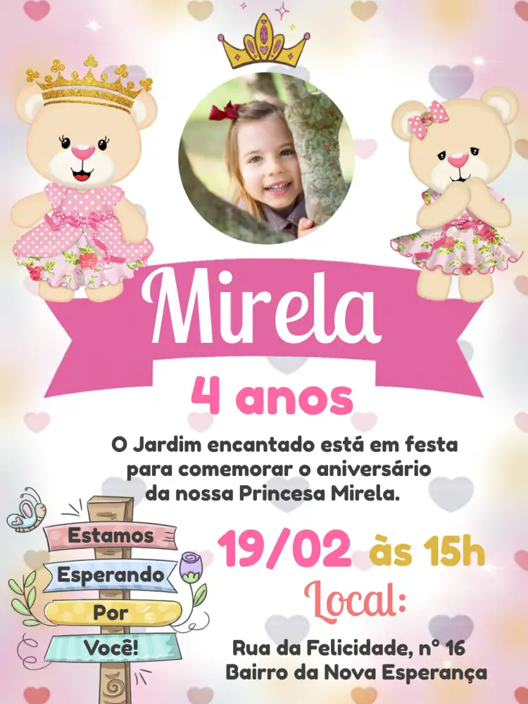 Convite Ursinha Princesa Com Foto Realeza – tema Mais pesquisados rosa, dourado, princesa, lúdico, realeza