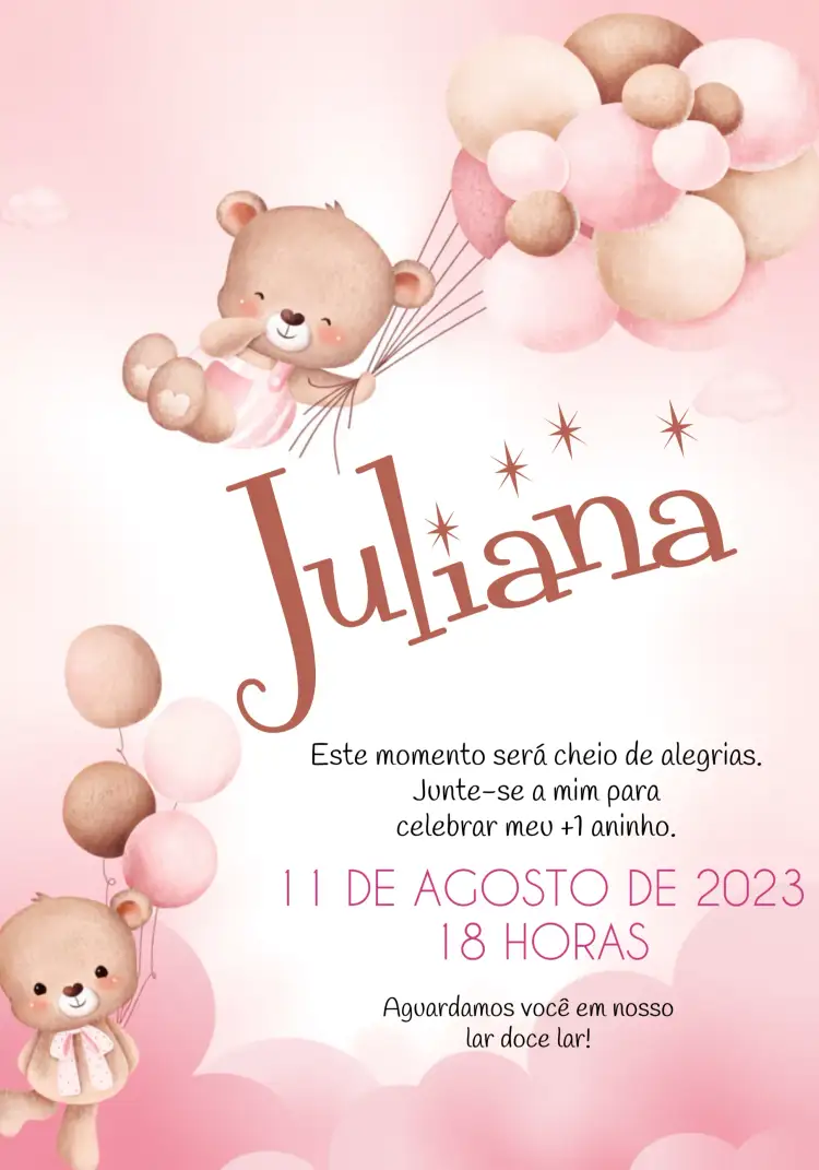 Convite Ursinha Rosa Nuvens – tema Datas Comemorativas rosa, branco, preto, nuvens, balões, lúdico
