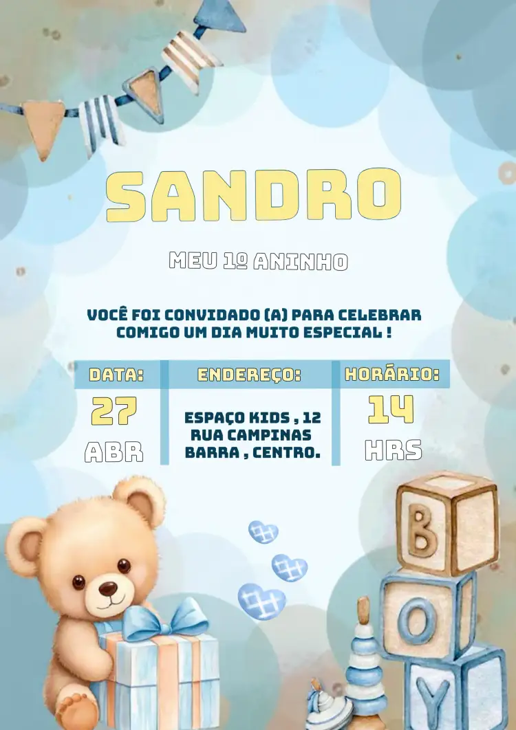 Convite Ursinho Aquarela Balão – tema Datas Comemorativas aquarela, infantil, brincalhão, azul, nuvens, balões