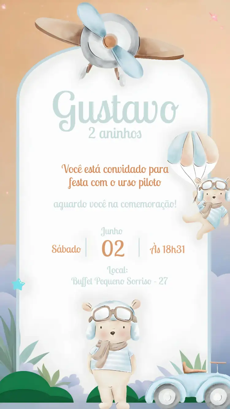 Convite Ursinho Aviador Bebê – tema Aniversário Infantil aquarela, infantil, divertido, colorido, temático