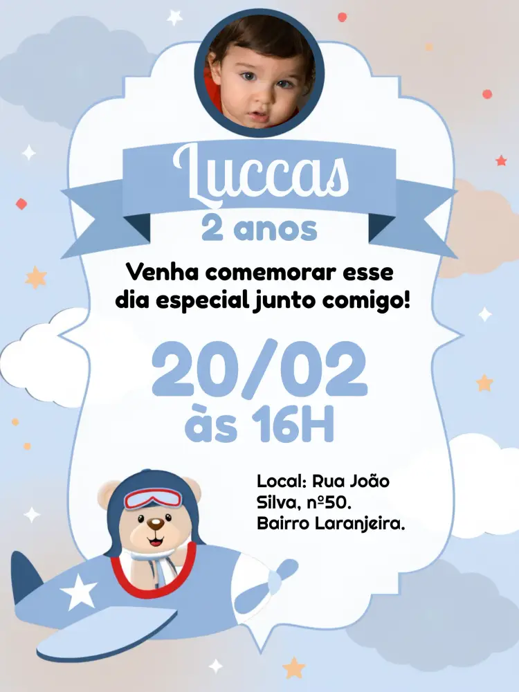 Convite Ursinho Aviador Com Foto Menino