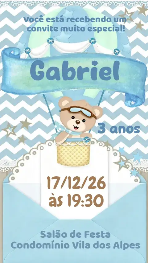 Convite Ursinho Baloeiro – tema Aniversário Infantil