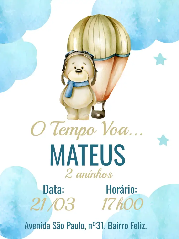 Convite Ursinho Baloeiro Dourado – tema Aniversário Infantil azul, dourado, branco, infantil, fofo, celestial