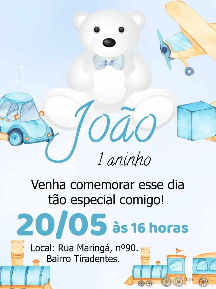 Convite Ursinho Menino Carrinho