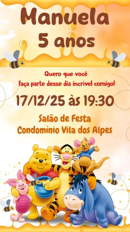 Convite Ursinho Pooh – tema Aniversário Infantil colorido, infantil, lúdico, animais, fofo, temático