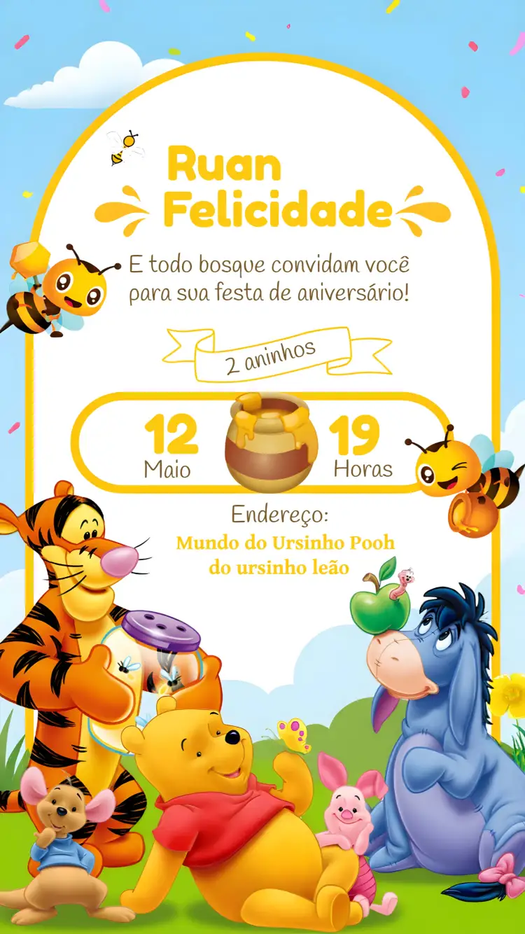 Convite Ursinho Pooh – tema Mais pesquisados colorido, delicado, infantil, temático, lúdico