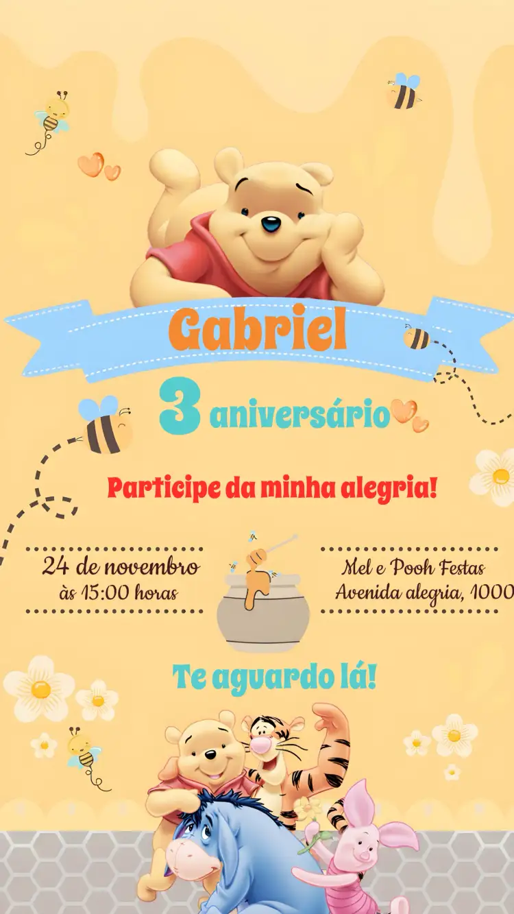 Convite Ursinho Pooh Abelha – tema Mais pesquisados colorido, divertido, infantil, lúdico, temático, natureza