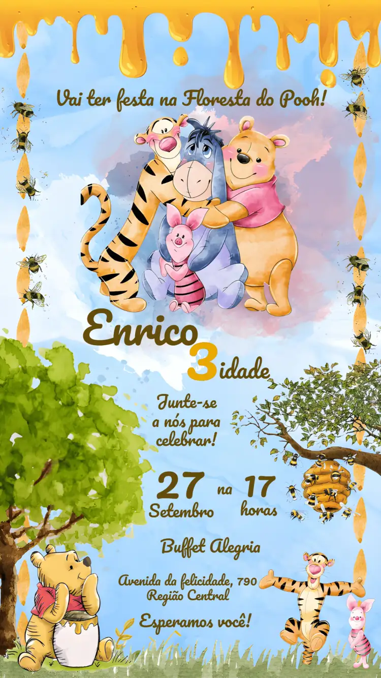 Convite Ursinho Pooh Aquarela Abelha – tema Mais pesquisados aquarela, floral, divertido, colorido, infantil, natureza