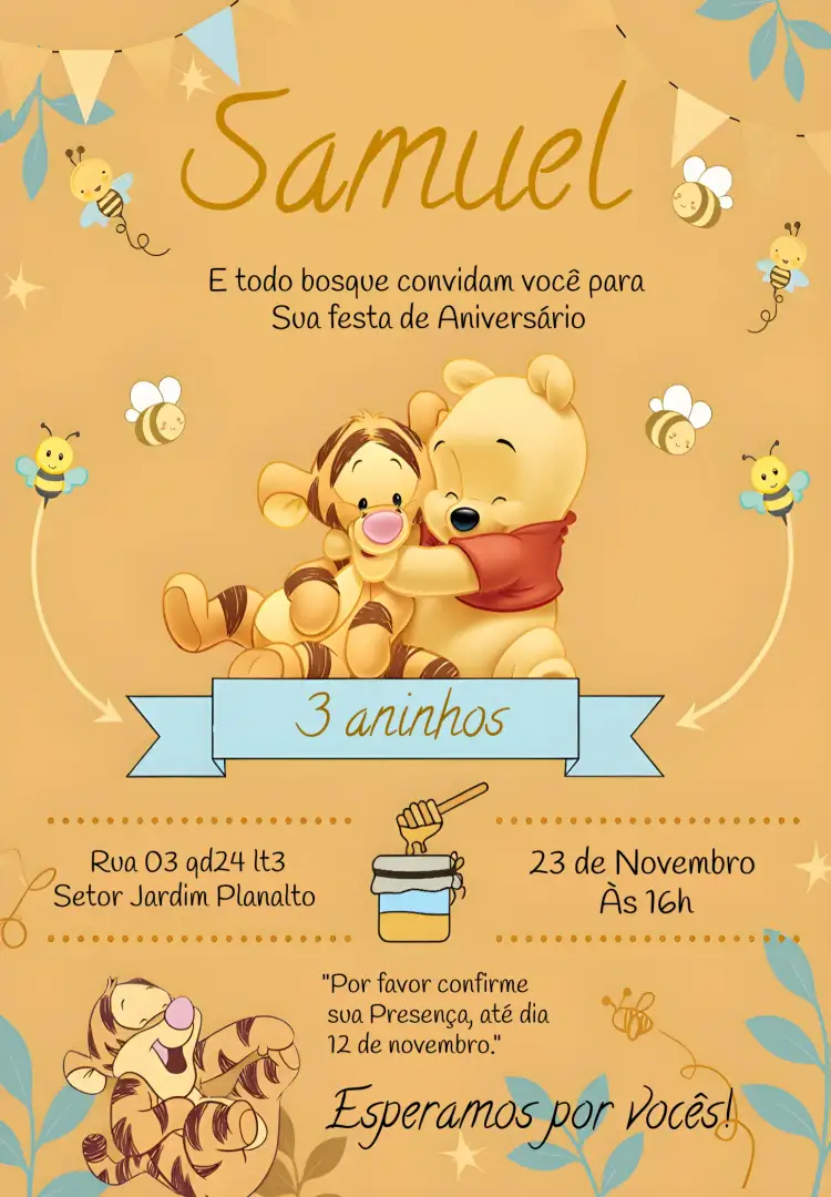 Convite Ursinho Pooh Convitd – tema Mais pesquisados divertido, colorido, lúdico, infantil, Disney, suave