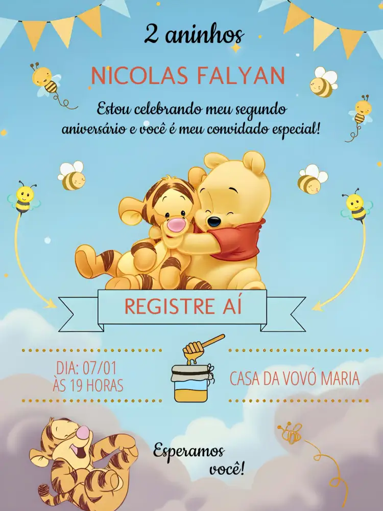 Convite Ursinho Pooh Infantil – tema Mais pesquisados colorido, lúdico, infantil, divertido, animais, temático