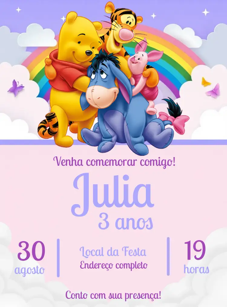 Convite Ursinho Pooh Lilás – tema Mais pesquisados lilás, rosa, infantil, fofo, animais, ilustrações