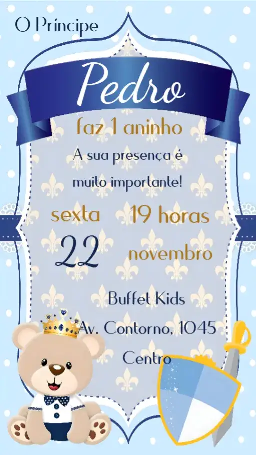 Convite Ursinho Príncipe – tema Aniversário Infantil azul claro, dourado, realeza, festa infantil, fofo