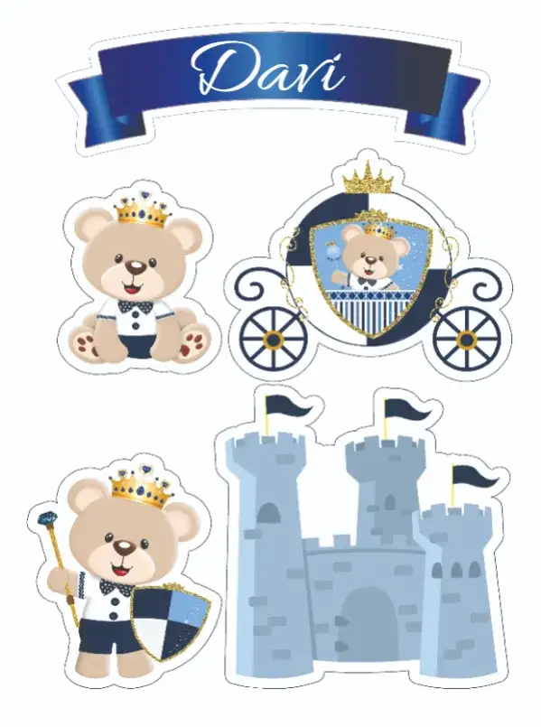 Invitación Oso Príncipe – tema Topper de torta colores suaves, estilo lúdico, elementos gráficos divertidos, diseño encantador, tema infantil, ilustraciones adorables