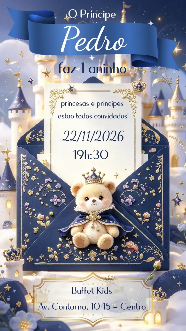 Convite Ursinho Príncipe – tema Aniversário Infantil azul, dourado, moderno, temática infantil, animais, lúdico