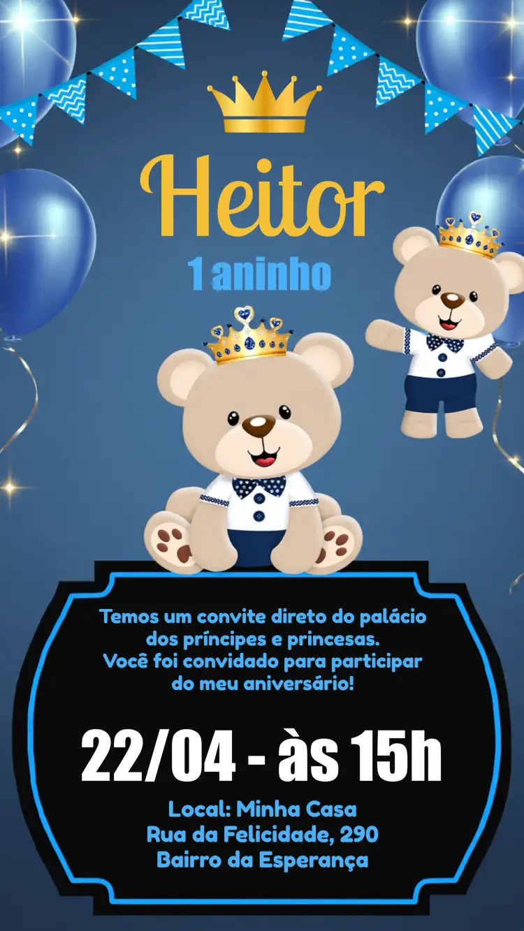 Convite Ursinho Príncipe Bebê – tema Datas Comemorativas azul, dourado, branco, infantil, fofo, realeza