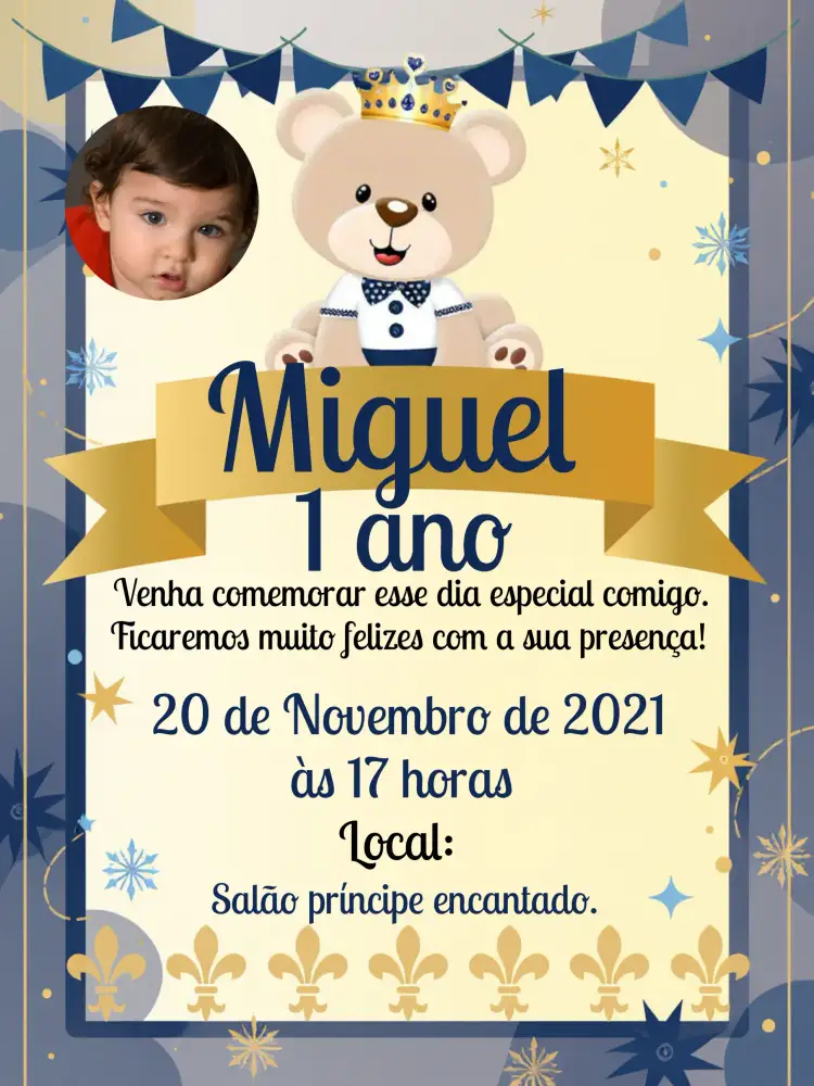 Convite Ursinho Príncipe Com Foto Menino – tema Mais pesquisados azul, dourado, preto, realeza, divertido