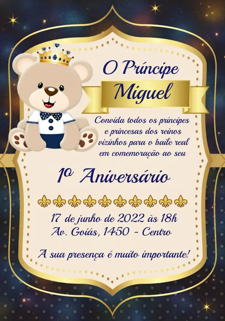 Convite Ursinho Príncipe Dourado – tema Mais pesquisados azul, dourado, infantil, elegante, moderno, fofo