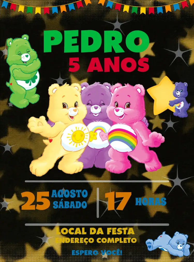 Convite Ursinhos Carinhos Infantil – tema Aniversário Infantil colorido, lúdico, divertido, temático, infantil