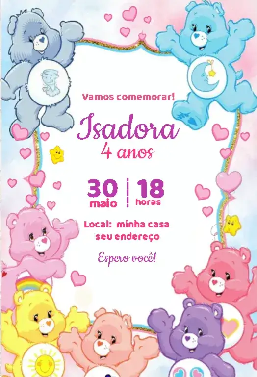 Convite Ursinhos Carinhosos 2 – tema Aniversário Infantil candy color, tons pastéis, ursinhos fofos, ilustrações infantis, estilo lúdico, design alegre