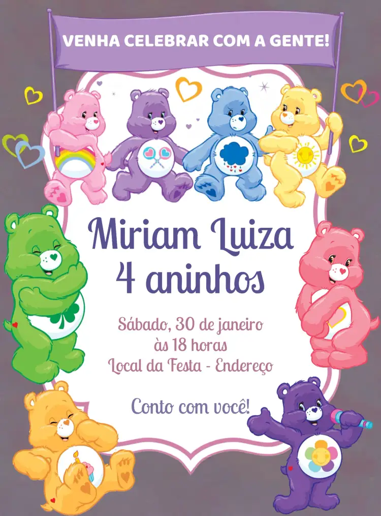 Convite Ursinhos Carinhosos – tema Aniversário Infantil colorido, fofo, infantil, lúdico, rosa, divertido