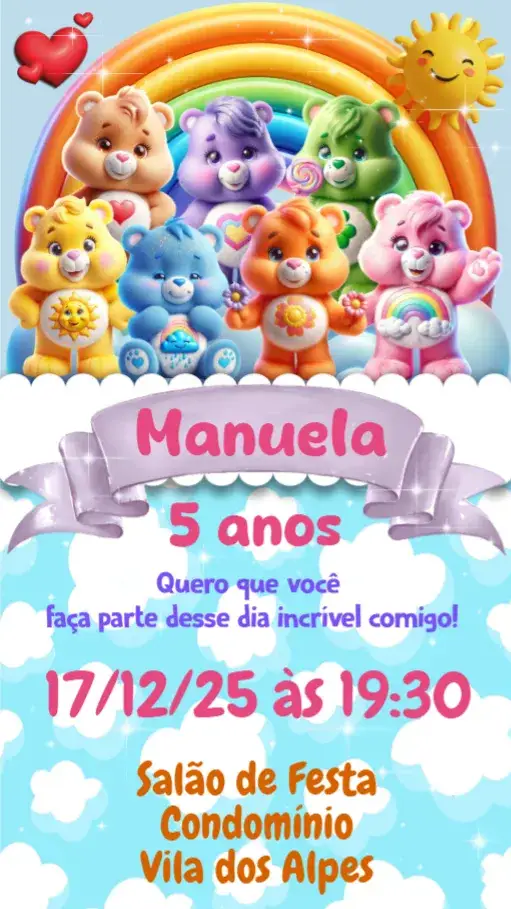 Convite Ursinhos Carinhosos – tema Aniversário Infantil colorido, divertido, infantil, fofo, ilustrações de animais, tema ursinhos