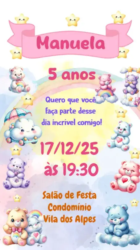 Convite Ursinhos Carinhosos – tema Aniversário Infantil colorido, lúdico, infantil, divertido, fofo, temático