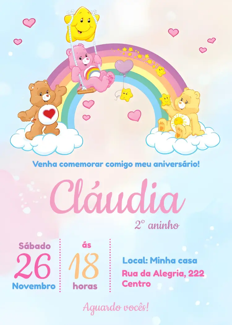 Convite Ursinhos Carinhosos Arco-íris