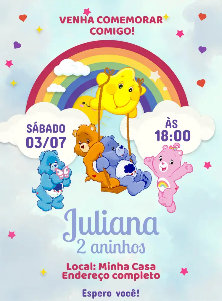 Convite Ursinhos Carinhosos Branco – tema Aniversário Infantil cores suaves, estilo lúdico, elementos gráficos de ursinhos, design infantil, azul e branco, temática carinhosa