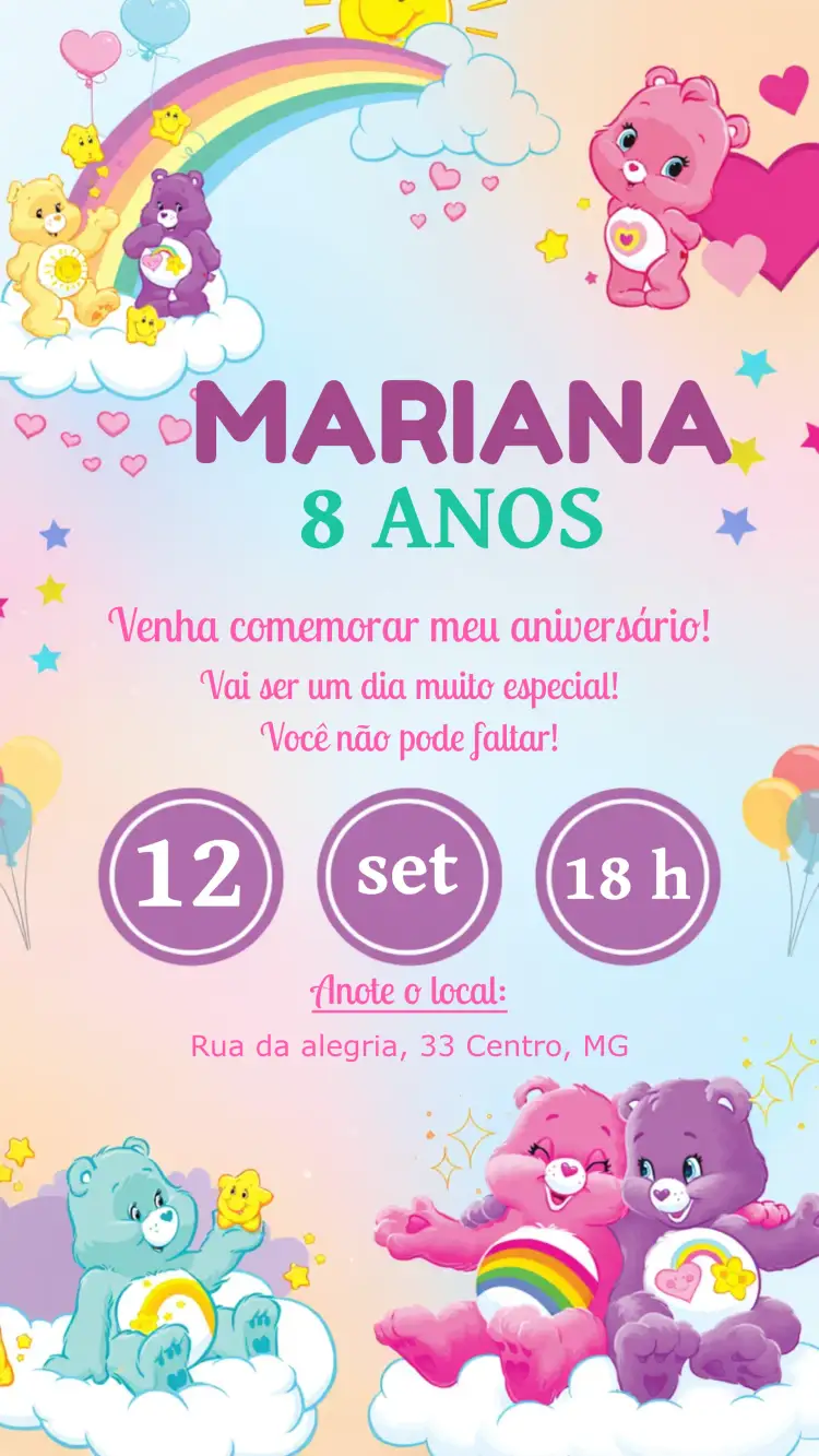 Convite Ursinhos Carinhosos Colorido – tema Aniversário Infantil colorido, divertido, ilustrações de animais, infantil, temática de festa, fofo