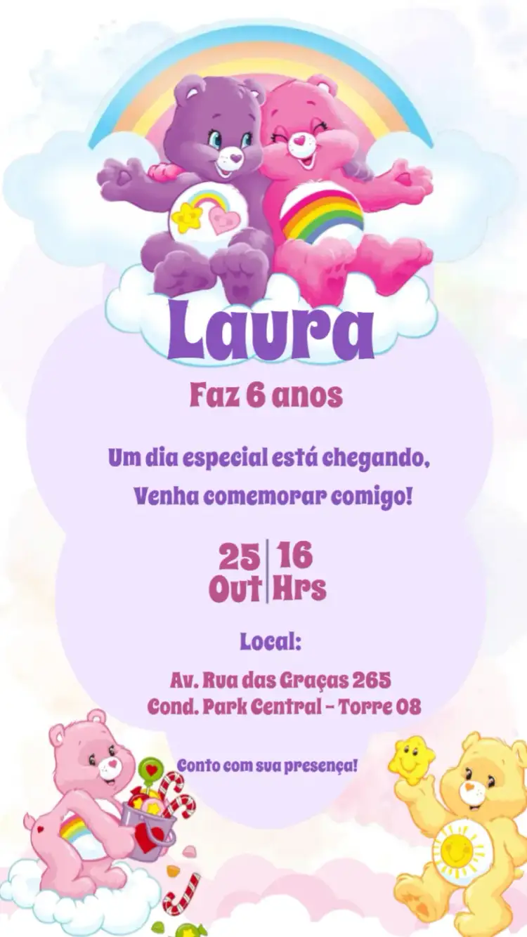 Convite Ursinhos Carinhosos Colorido – tema Aniversário Infantil colorido, lúdico, divertido, infantil, alegre