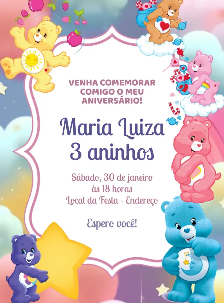 Convite Ursinhos Carinhosos Colorido – tema Aniversário Infantil colorido, infantil, lúdico, divertido, fofo