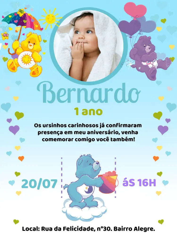 Convite Ursinhos Carinhosos Com Foto Corações – tema Aniversário Infantil azul, infantil, lúdico, carinhoso, colorido, fofo