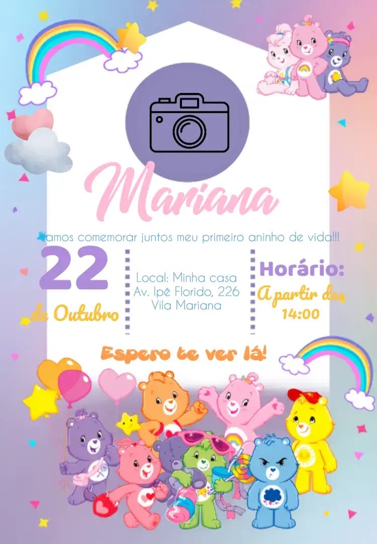 Convite Ursinhos Carinhosos Com Foto Roxo – tema Aniversário Infantil colorido, infantil, lúdico, temático, moderno
