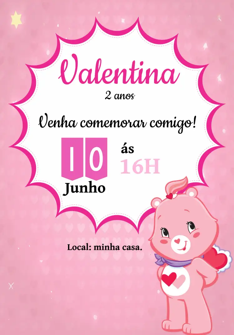 Convite Ursinhos Carinhosos Coraçãozinho Branco – tema Aniversário Infantil rosa, branco, infantil, carinhoso, divertido, colorido