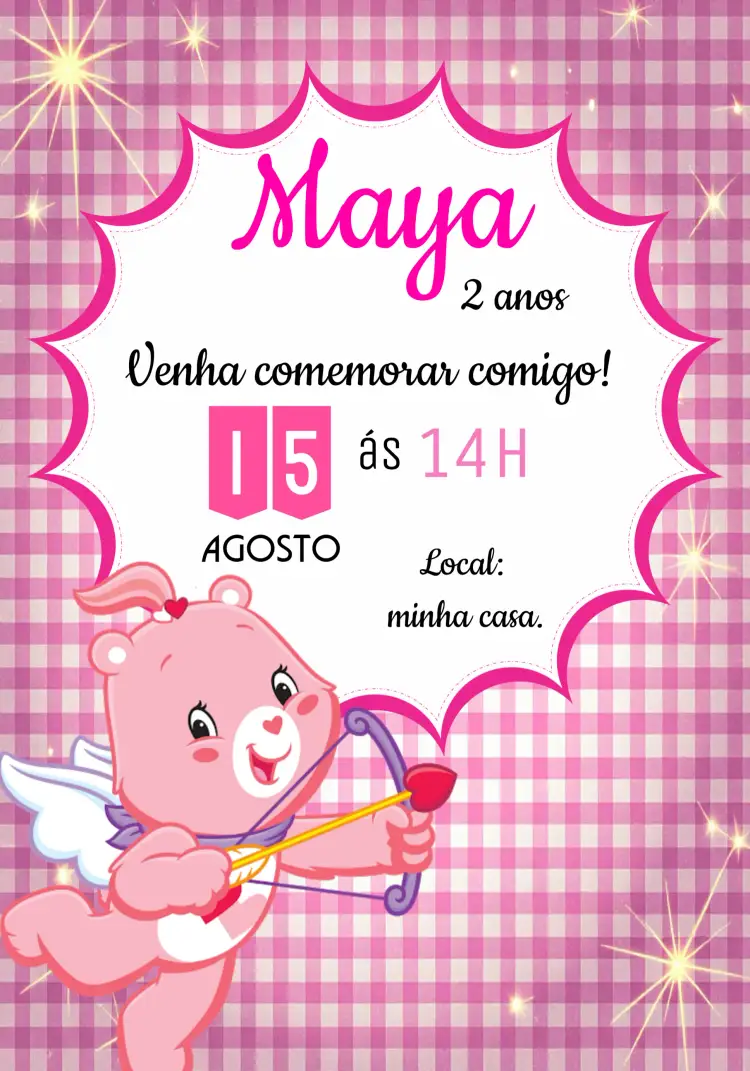 Convite Ursinhos Carinhosos Coraçãozinho Menina – tema Aniversário Infantil rosa, fofo, infantil, colorido, divertido, carinhoso