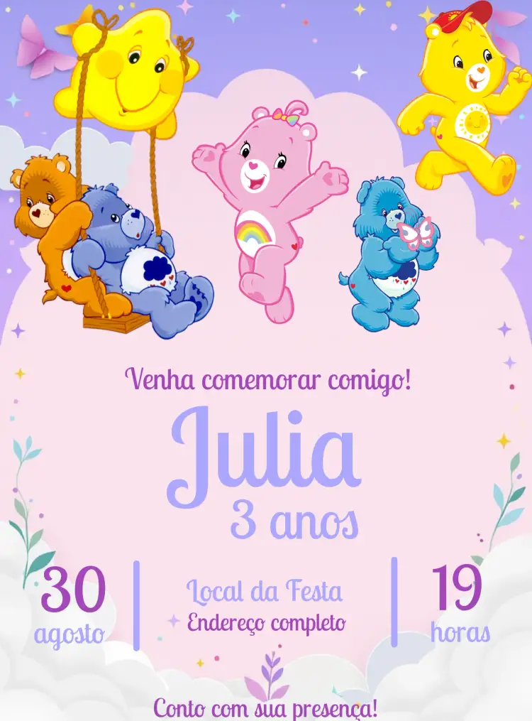 Convite Ursinhos Carinhosos Digital – tema Aniversário Infantil rosa, lilás, lúdico, divertido, infantil