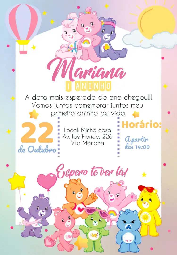 Convite Ursinhos Carinhosos Disney – tema Aniversário Infantil colorido, infantil, temático, divertido, mágico