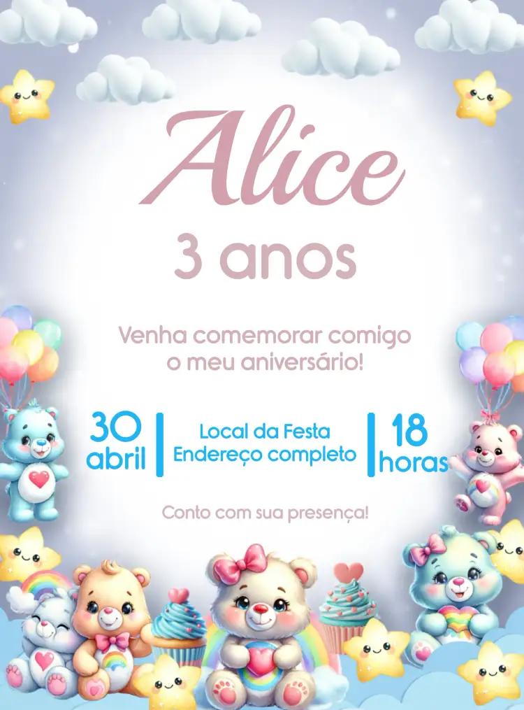 Convite Ursinhos Carinhosos Cupcakes – tema Mais pesquisados colorido, fofo, infantil, divertido, brincalhão