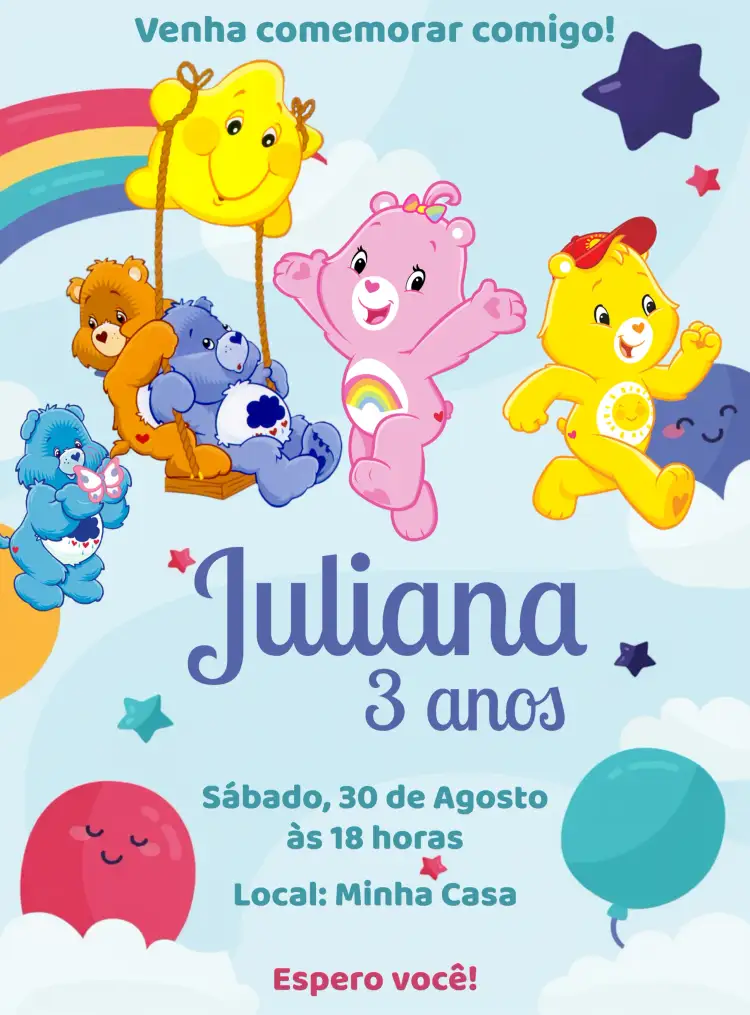 Convite Ursinhos Carinhosos Fazer – tema Aniversário Infantil azul, branco, lúdico, fofo, colorido, infantil