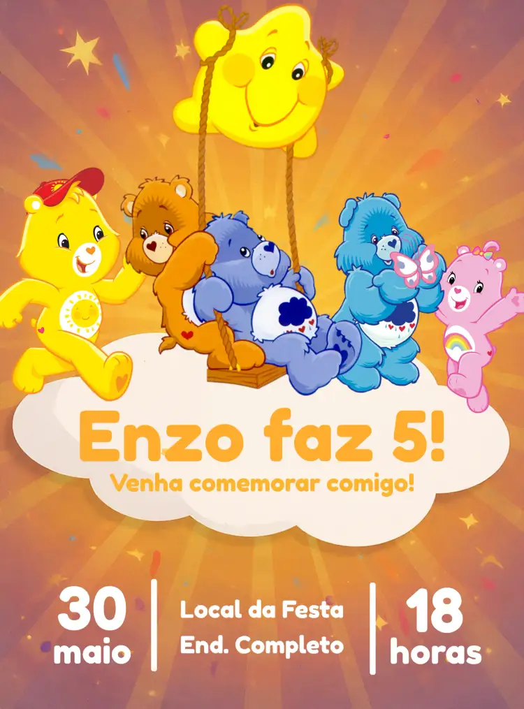 Convite Ursinhos Carinhosos Festa – tema Aniversário Infantil colorido, divertido, infantil, fofo, moderno