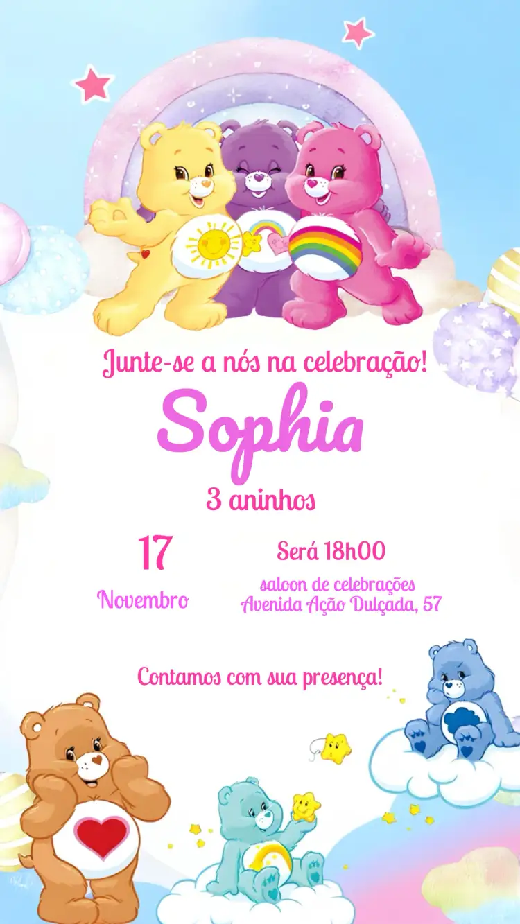 Convite Ursinhos Carinhosos Festa – tema Aniversário Infantil colorido, fofo, infantil, temático, divertido
