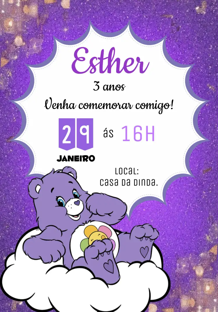 Convite Ursinhos Carinhosos Harmonia Bebê – tema Aniversário Infantil roxo, lilás, fofo, infantil, carinhoso, festivo