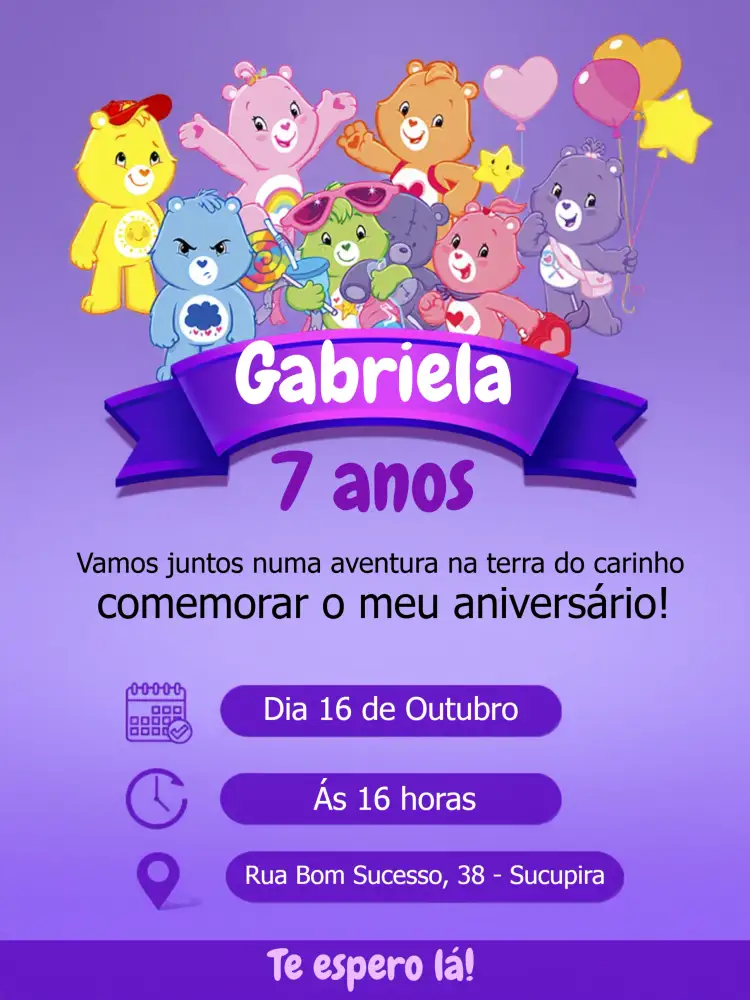 Convite Ursinhos Carinhosos Lilás – tema Aniversário Infantil lilás, divertido, colorido, infantil, ilustrações de animais, temática de ursinhos